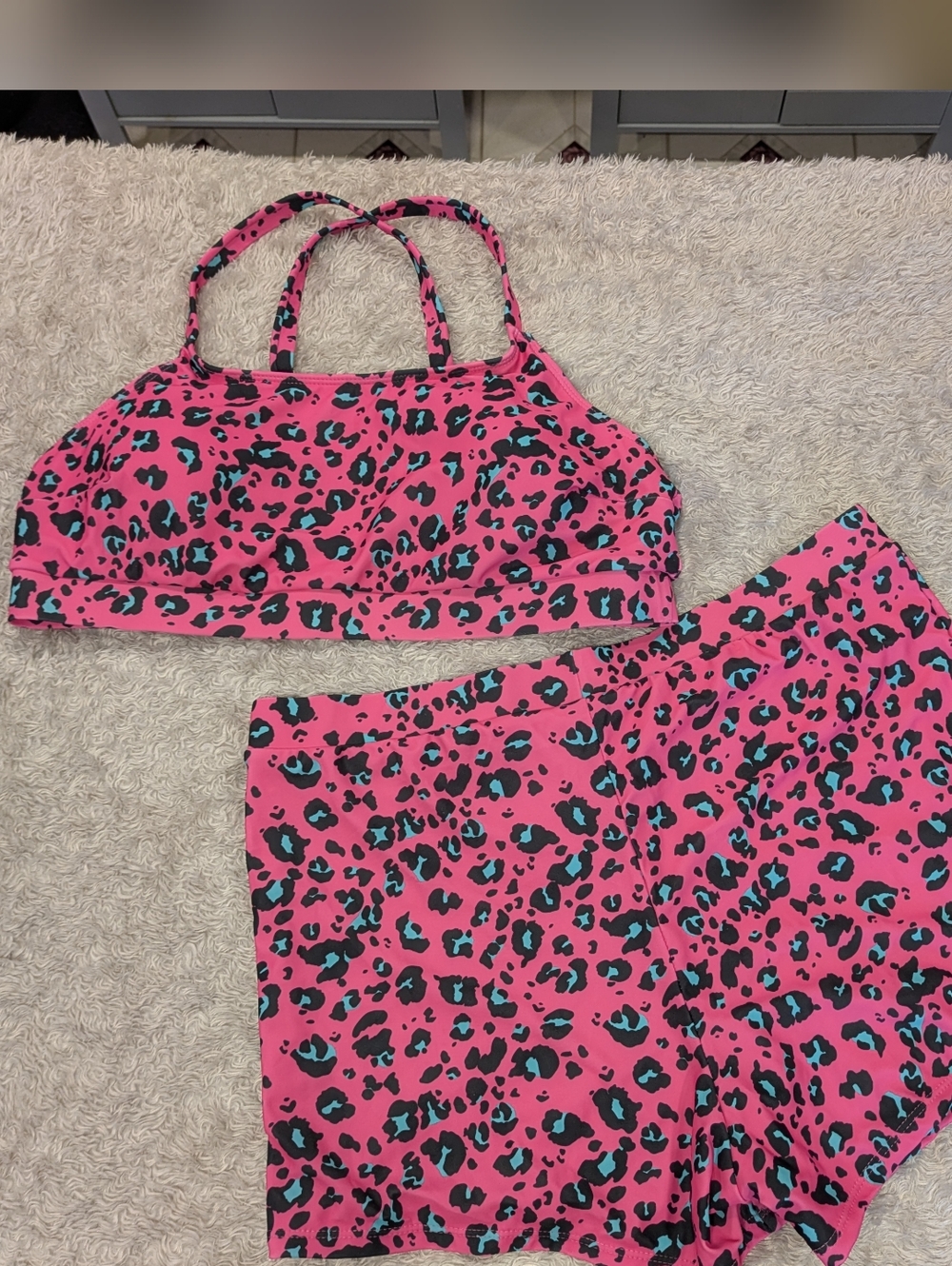 Women's Hot Pink And Green Leopard Print Bralette & Short Set 2XL